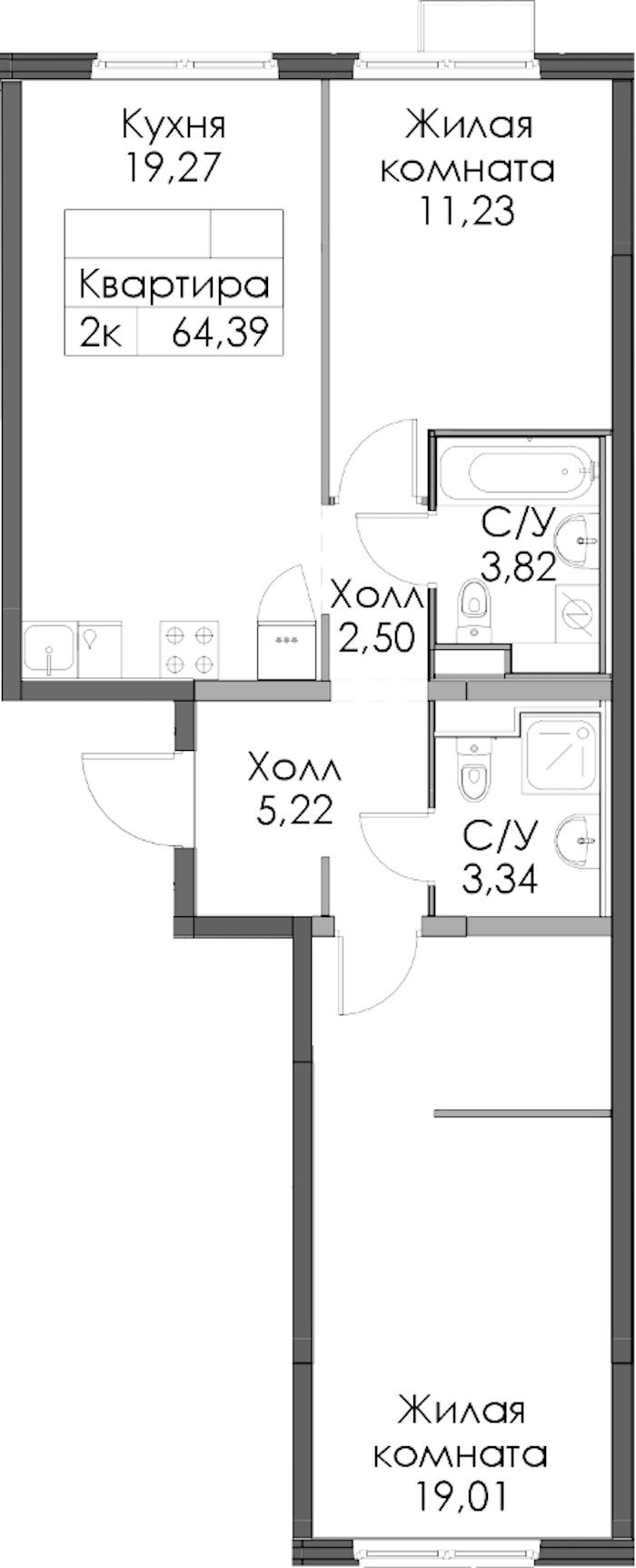 2-комнатная квартира 64.39 м², 5/12 эт., ЖК «Таллинский парк»